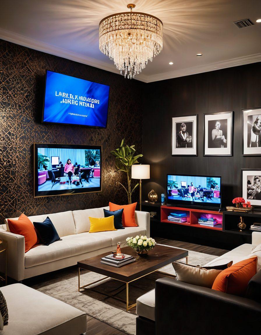 A glamorous media setup featuring a television screen displaying dynamic celebrity news headlines, surrounded by paparazzi flashes and lifestyle magazine covers. Include an inviting plush couch and stylish decor representing the trendy vibe of modern celebrity culture. The color scheme should be vibrant and eye-catching, reflecting the excitement of entertainment news. super-realistic. bright colors. stylish background.