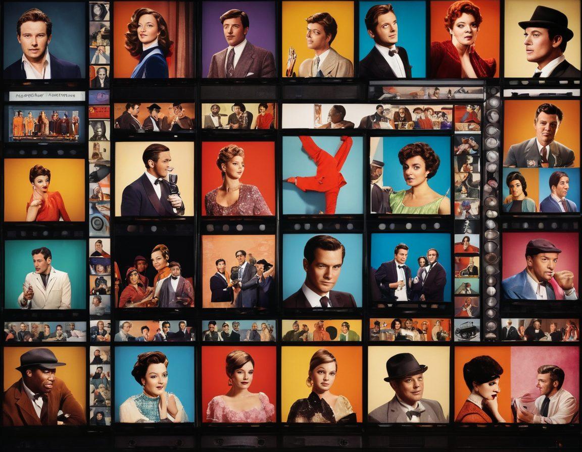 A lively collage showcasing iconic ITV shows, framed by a film reel. Include behind-the-scenes elements like cameras, scripts, and crew members in action, blending colorful scenes of staged performances and audience reactions. Highlight cultural icons and memorabilia reflecting the show's impact on pop culture. Create a vibrant atmosphere with dynamic lighting and expressive faces. super-realistic. vibrant colors. cinematic style.
