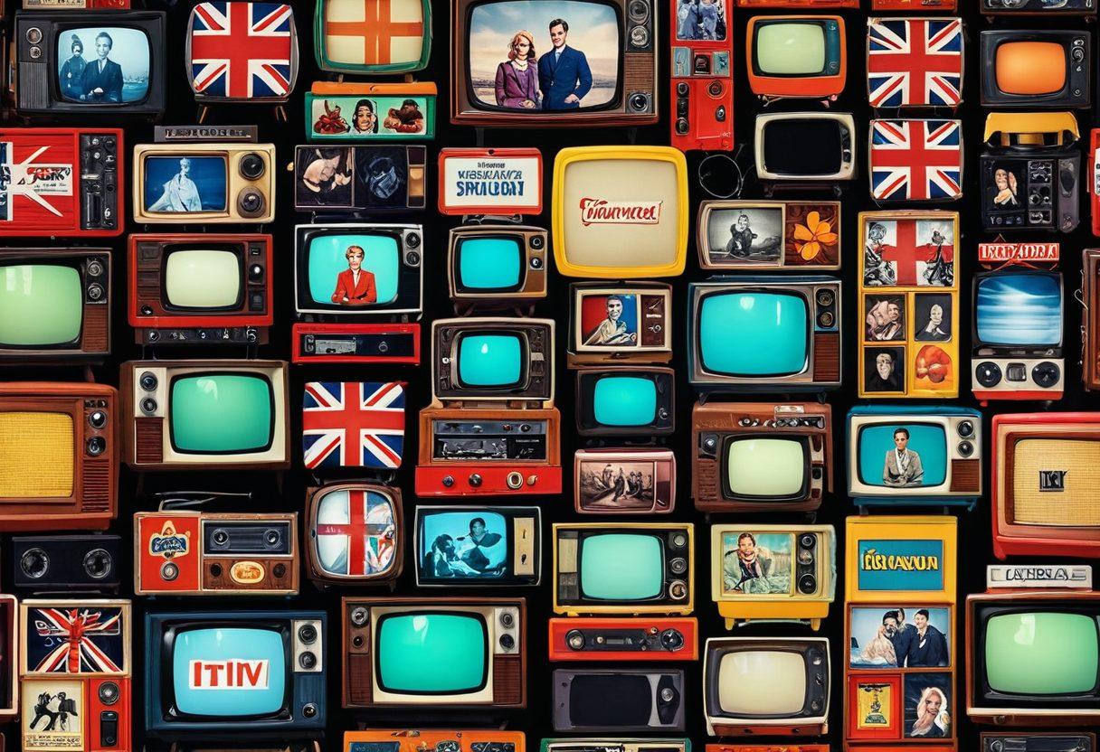 A dynamic collage showcasing iconic ITV TV shows intertwining with elements of British pop culture, featuring famous characters, memorable scenes, and vibrant symbols of cultural impact. Include a backdrop of a vintage television set with glowing screens displaying fan-favorite moments, surrounded by colorful memorabilia like action figures and posters. The atmosphere should be lively and nostalgic, appealing to both the past and present viewers. super-realistic. vibrant colors. artistic blend.